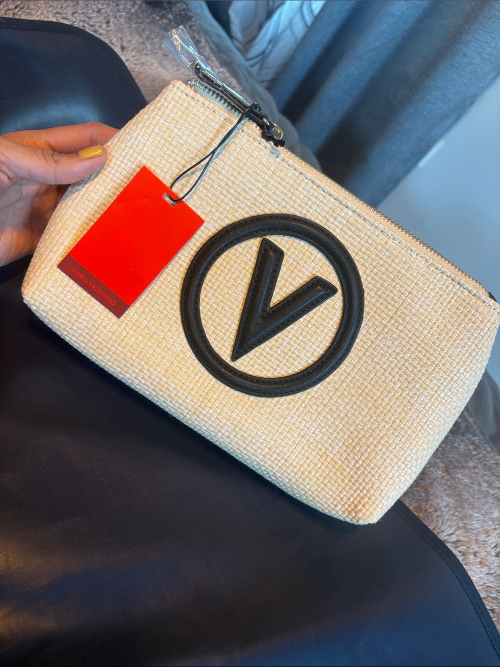 Valentino Beige Straw Clutch with Black V Logo- Make Up Bag
